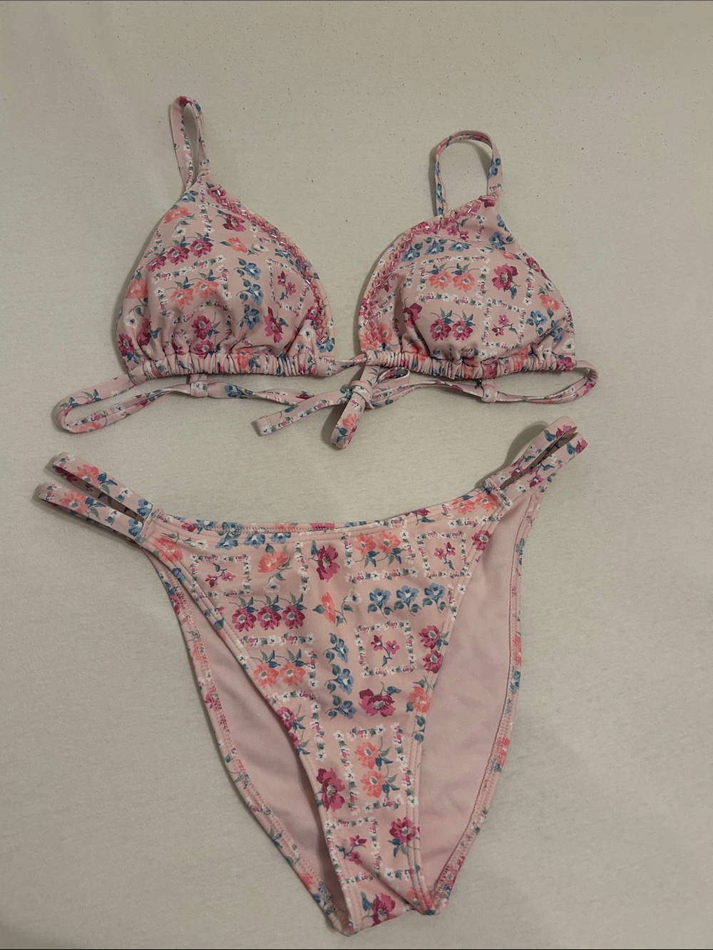 Hollister Beaded Pink Floral Bikini Set with Blue & Coral Accents